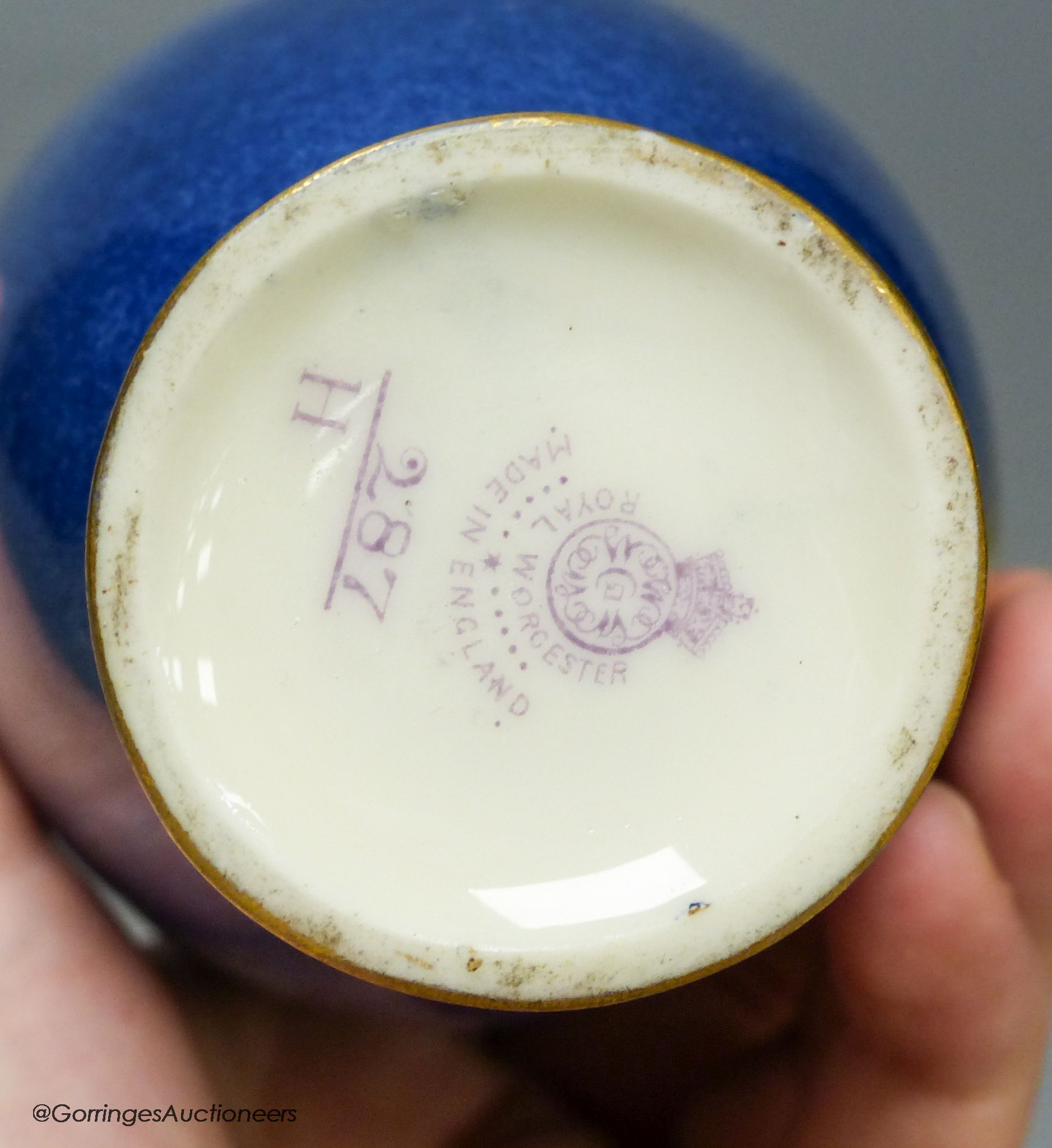 A Royal Worcester fruit painted powder blue vase, height 16.5cm